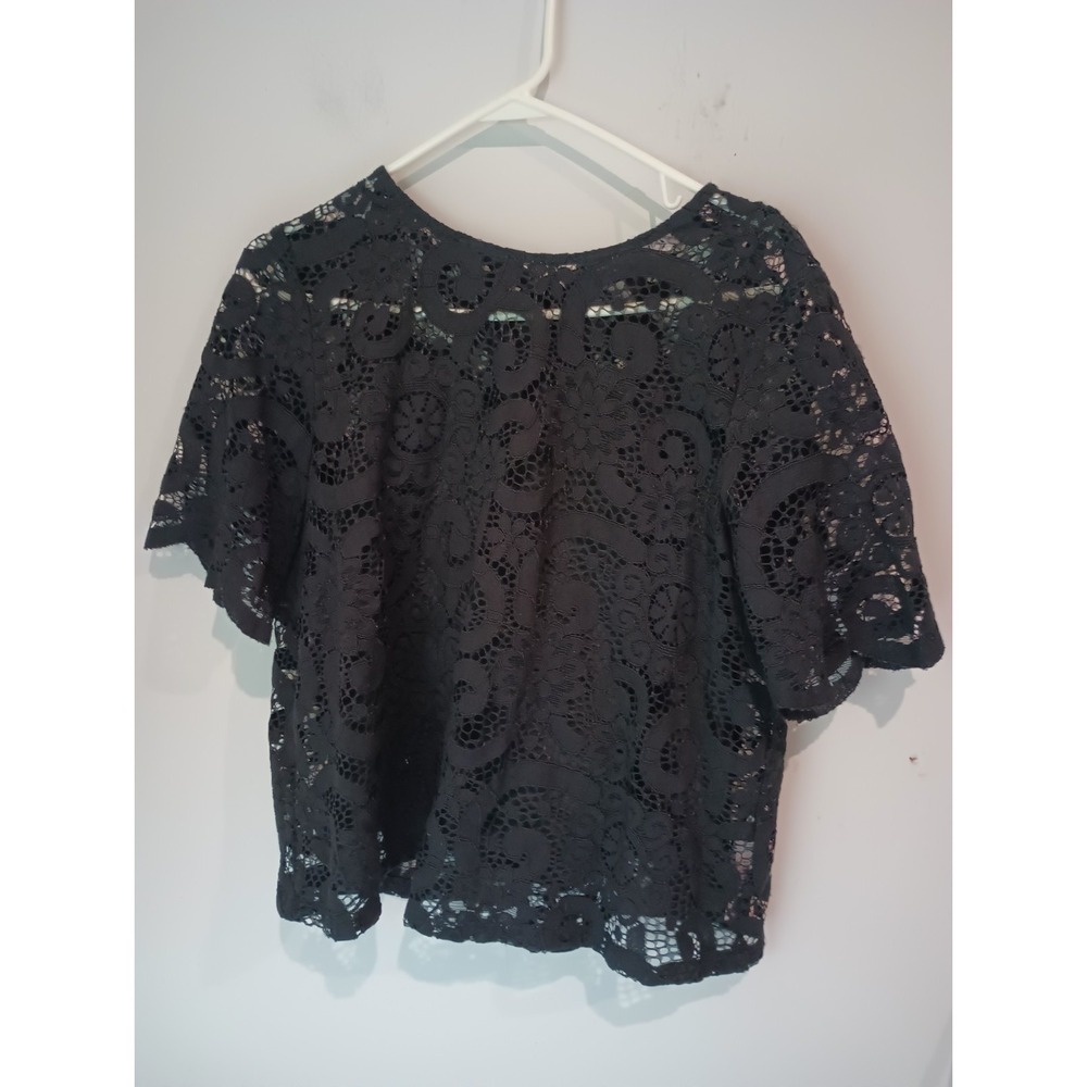 Nanette Lepore Black Lace Top Womens Large L Boho Romantic Sheer Tie Back Blouse